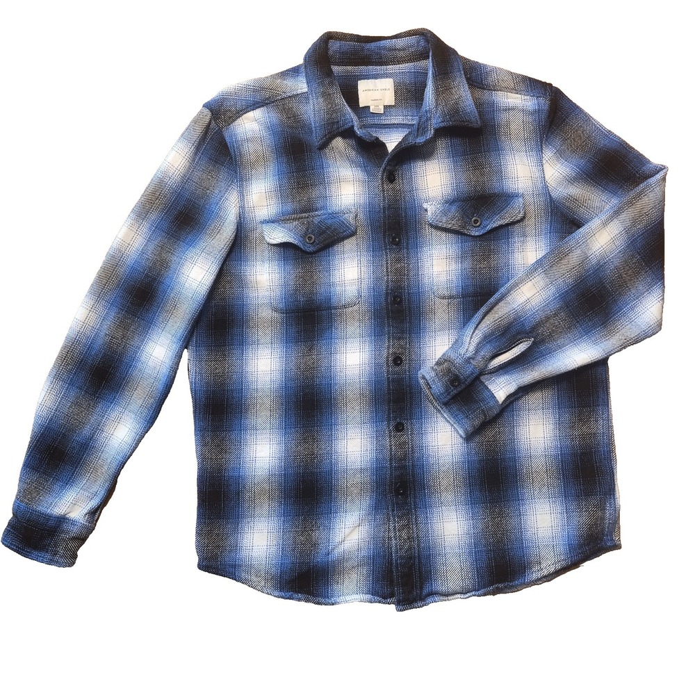 American Eagle Shirt Mens Blue Black Cotton Button Up